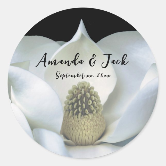 Elegant Magnolia Black and White Wedding Classic Round Sticker (Front)