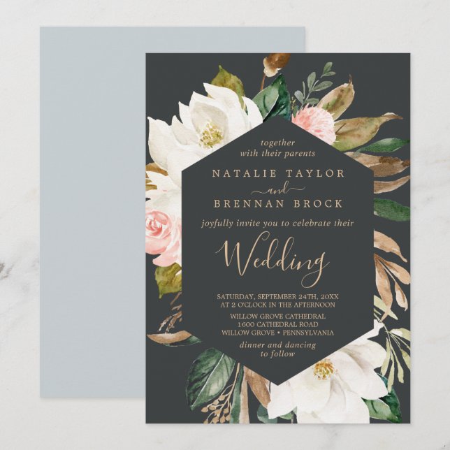 Elegant Magnolia | Black and White Wedding Invitation (Front/Back)