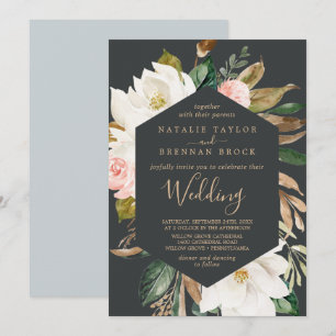 Elegant Magnolia   Black and White Wedding Invitation