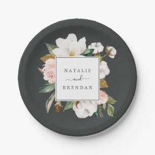 Elegant Magnolia   Black and White Wedding Paper Plate