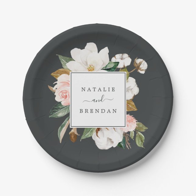 Elegant Magnolia | Black and White Wedding Paper Plate (Front)