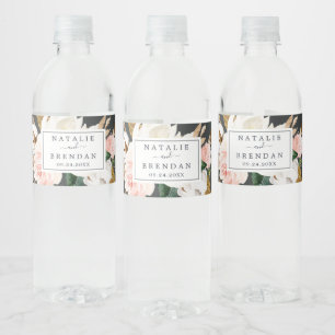 Elegant Magnolia Black and White Wedding Water Bottle Label