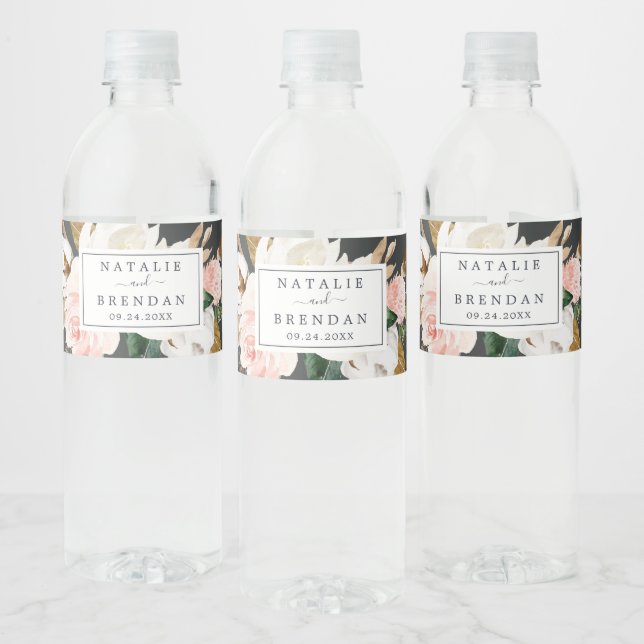 Elegant Magnolia | Black and White Wedding Water Bottle Label (Bottles)