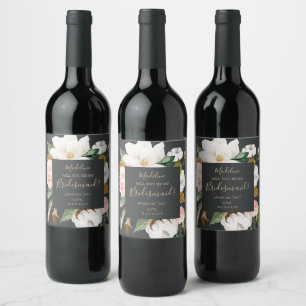 Elegant Magnolia   Black Bridesmaid Proposal Wine Label