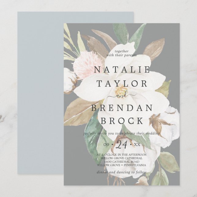 Elegant Magnolia | Black Faded Floral Wedding Invitation (Front/Back)