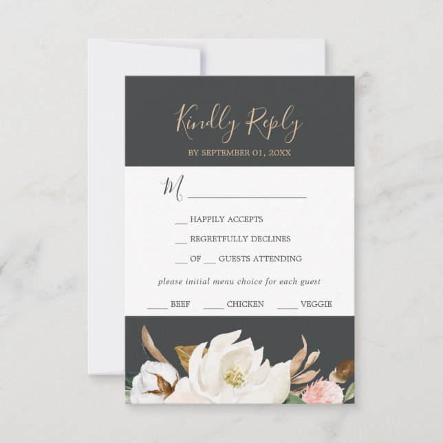 Elegant Magnolia | Black Menu Choice RSVP Card (Front)