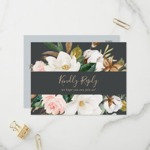 Elegant Magnolia Black Menu Choice RSVP Postcard