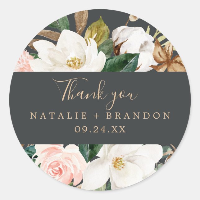 Elegant Magnolia | Black Thank You Favour Sticker (Front)