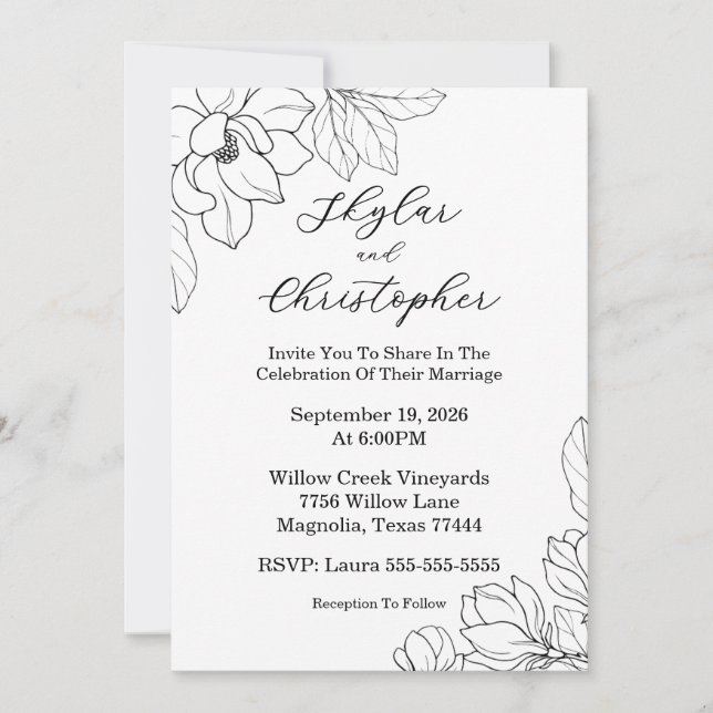 Elegant Magnolia Black Wedding Invitation (Front)