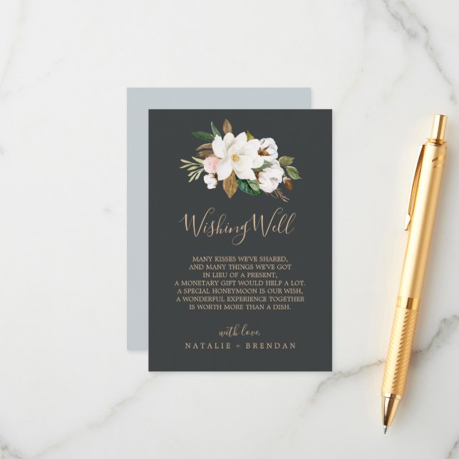 Elegant Magnolia | Black Wedding Wishing Well Card (Front/Back In Situ)