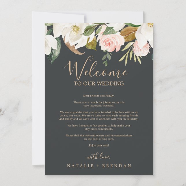 Elegant Magnolia Black Welcome Letter & Itinerary (Front)