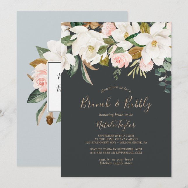 Elegant Magnolia | Black & White Brunch and Bubbly Invitation (Front/Back)