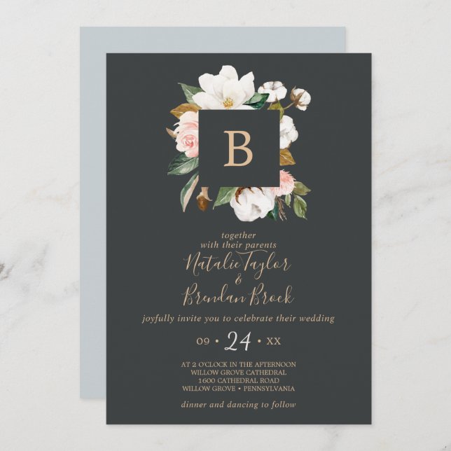 Elegant Magnolia | Black & White Monogram Wedding Invitation (Front/Back)