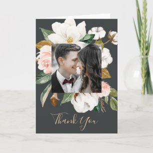 Elegant Magnolia Black & White Photo Thank You Card