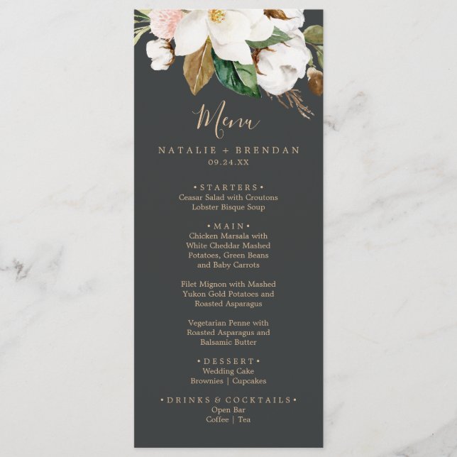 Elegant Magnolia Black & White Wedding Dinner Menu (Front)