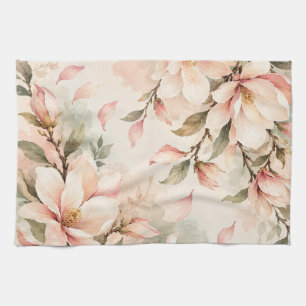 Elegant Magnolia Blossom Botanical Pattern Tea Towel