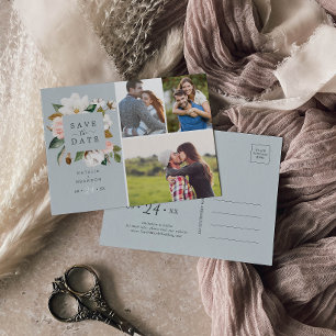 Elegant Magnolia   Blue Grey 3 Photo Save the Date Invitation Postcard