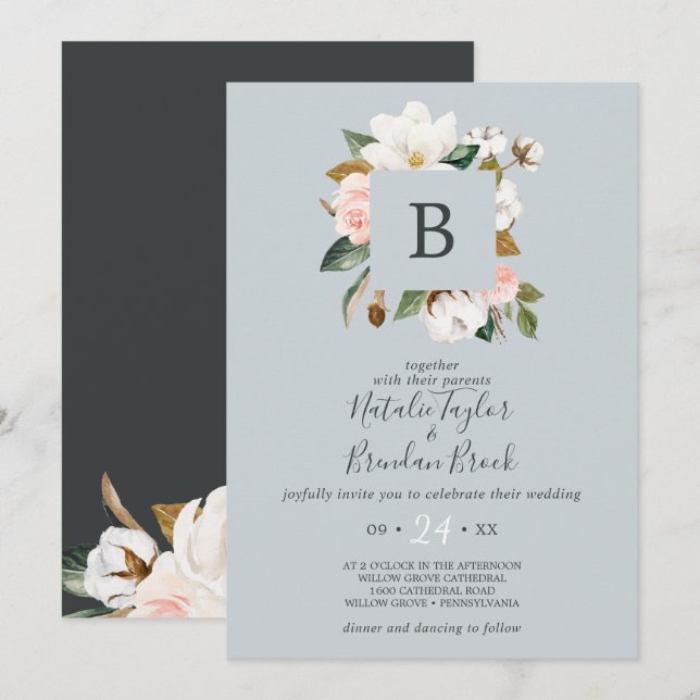 Elegant Magnolia Blue Grey All In One Wedding Invitation (Front/Back)