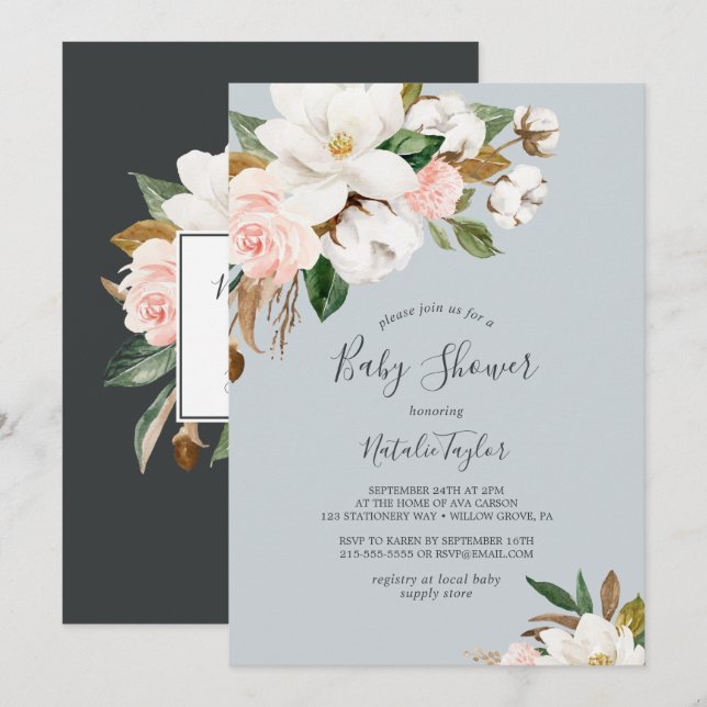 Elegant Magnolia | Blue Grey Baby Shower Invitation (Front/Back)