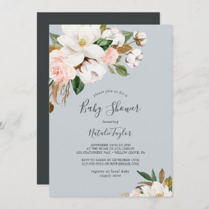 Elegant Magnolia   Blue Grey Baby Shower Invitation