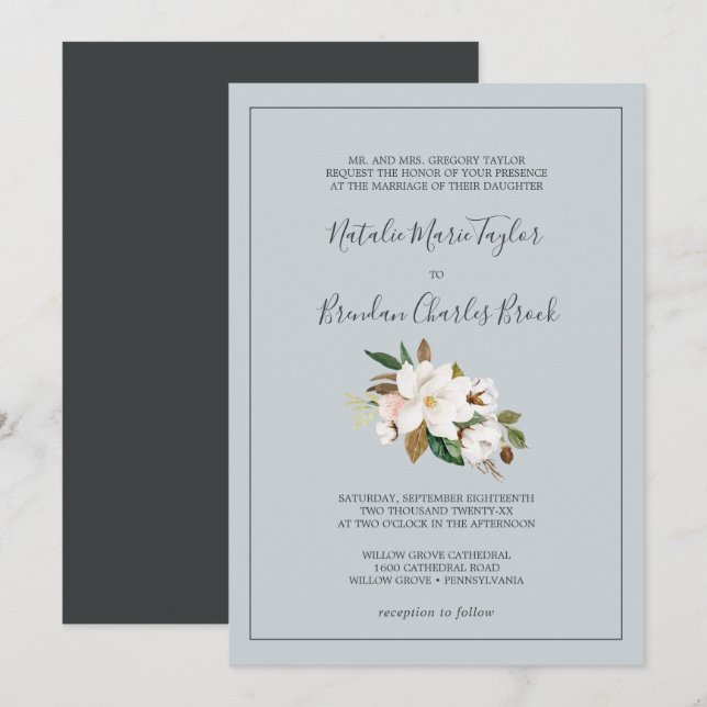 Elegant Magnolia | Blue Grey Formal Wedding Invitation (Front/Back)
