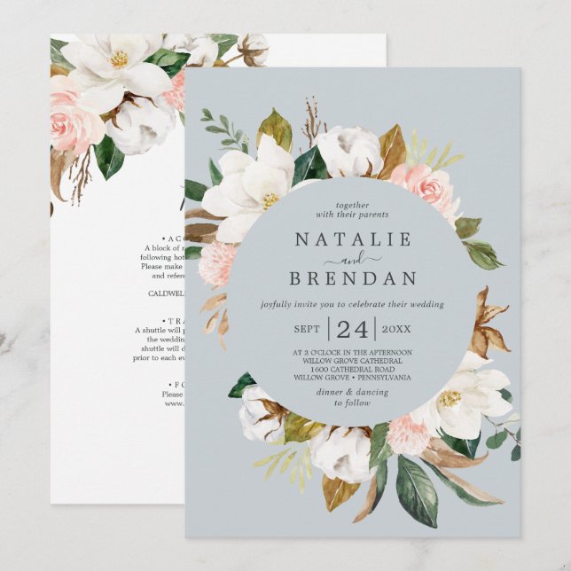 Elegant Magnolia | Blue Grey Front & Back Wedding  Invitation (Front/Back)