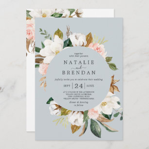 Elegant Magnolia   Blue Grey Front & Back Wedding  Invitation