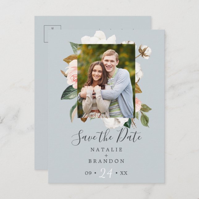 Elegant Magnolia | Blue Grey Photo Save the Date Invitation Postcard (Front/Back)