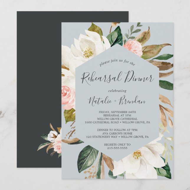 Elegant Magnolia Blue Grey Rehearsal Dinner Invitation (Front/Back)