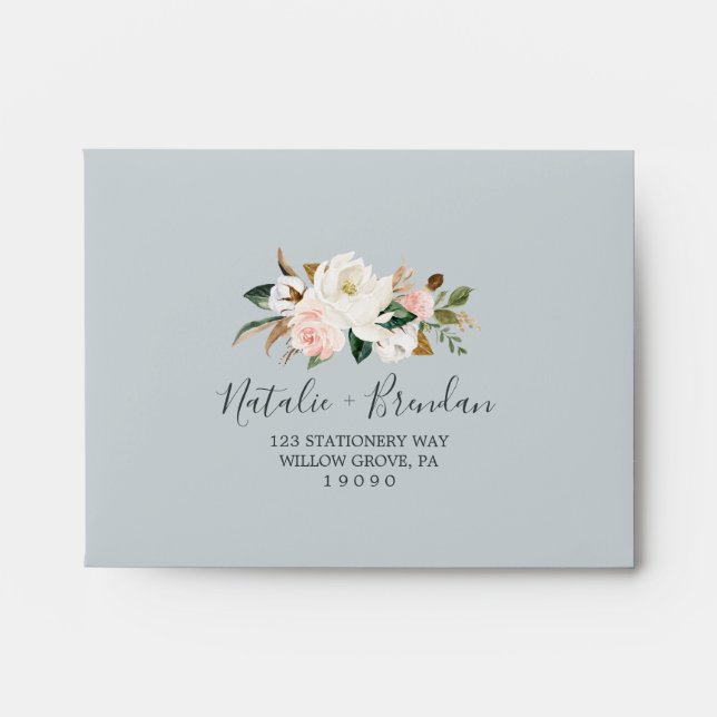 Elegant Magnolia | Blue Grey Self-Addressed RSVP Envelope (Front)