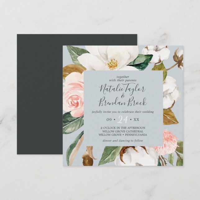 Elegant Magnolia | Blue Grey Square Wedding Invitation (Front/Back)