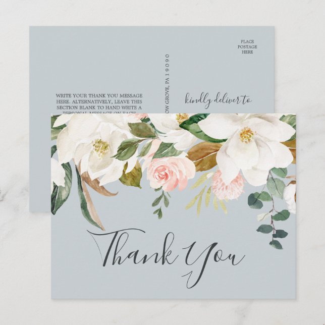 Elegant Magnolia Blue Grey Thank You Postcard (Front/Back)