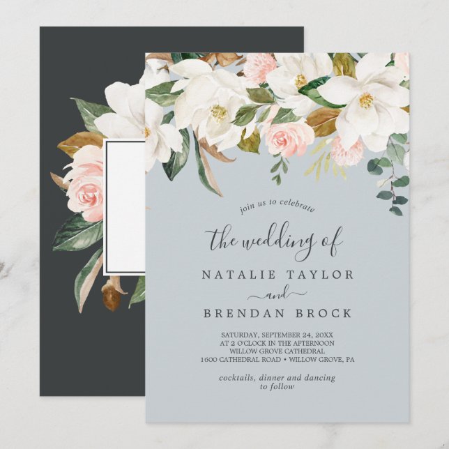 Elegant Magnolia | Blue Grey The Wedding Of Invitation (Front/Back)