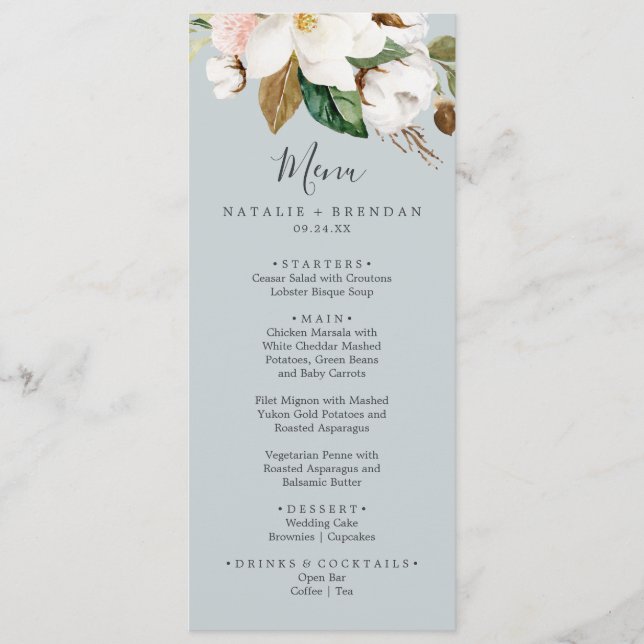 Elegant Magnolia Blue Grey Wedding Dinner Menu (Front)