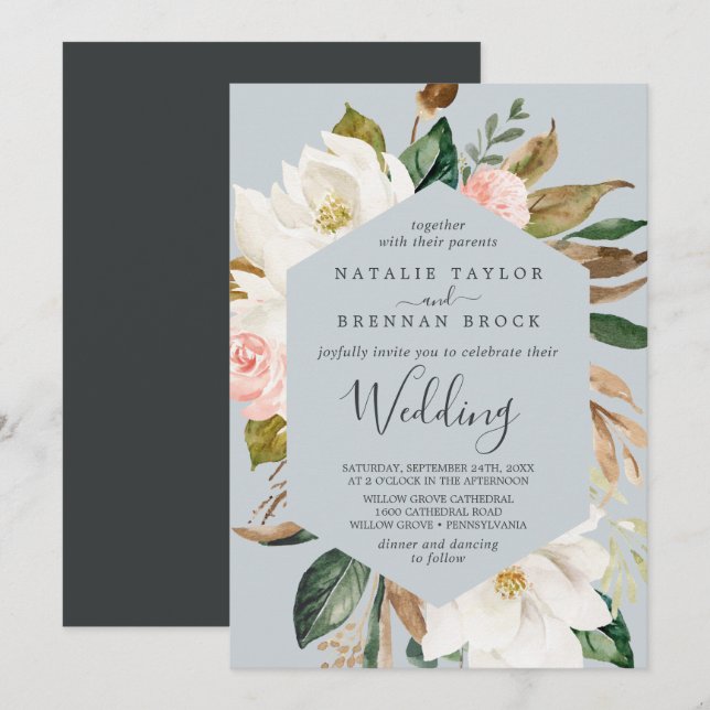 Elegant Magnolia | Blue Grey Wedding Invitation (Front/Back)