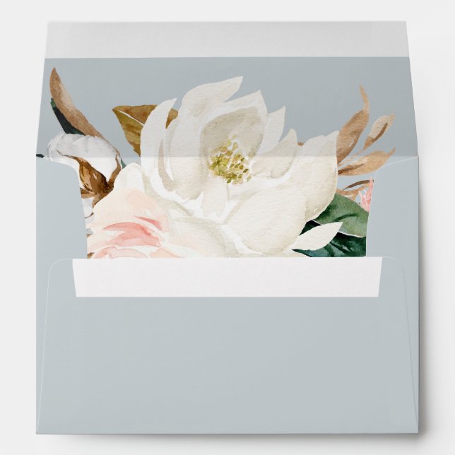 Elegant Magnolia Blue Grey Wedding Invitation Envelope (Back (Bottom))