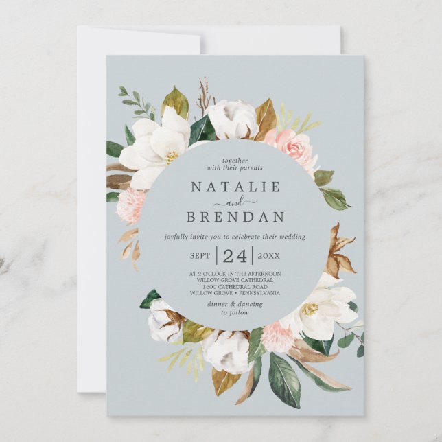 Elegant Magnolia | Blue Grey with Date Wedding Invitation (Front)