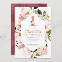 Elegant Magnolia Blush Pink Floral First Birthday