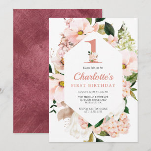 Elegant Magnolia Blush Pink Floral First Birthday Invitation