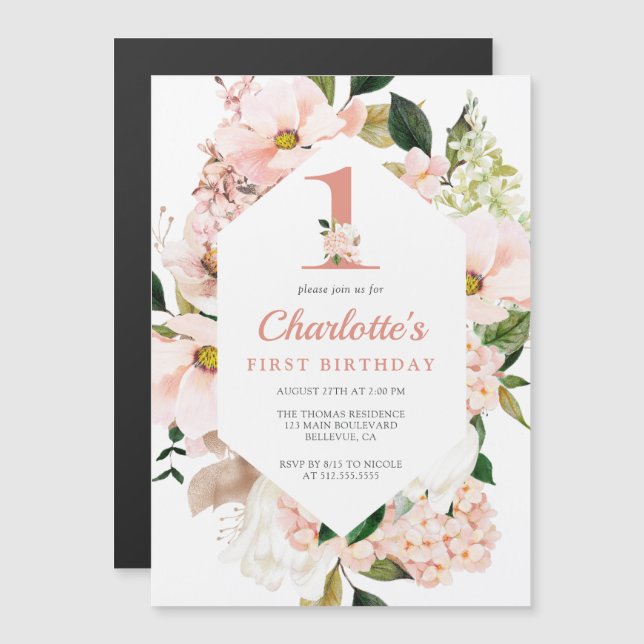 Elegant Magnolia Blush Pink Floral First Birthday Magnetic Invitation (Front/Back)