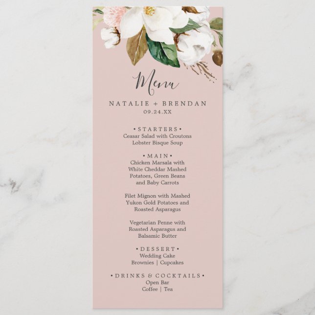 Elegant Magnolia | Blush Pink Wedding Dinner Menu (Front)