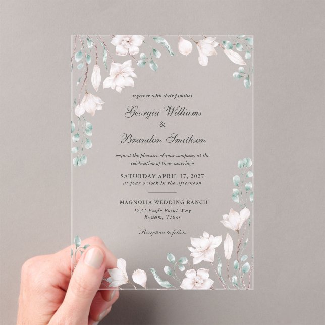 Elegant Magnolia Eucalyptus Floral Wedding  Acrylic Invitations (Insitu (Handheld))