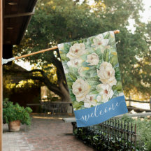 Elegant Magnolia Floral Blue Welcome Script