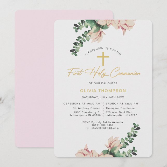 Elegant Magnolia Floral Blush First Communion Invitation (Front/Back)