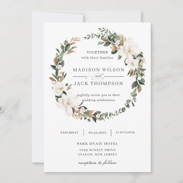 Elegant Magnolia Floral Greenery Wreath Wedding Invitation (Front)