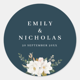 elegant magnolia floral navy blue wedding classic round sticker