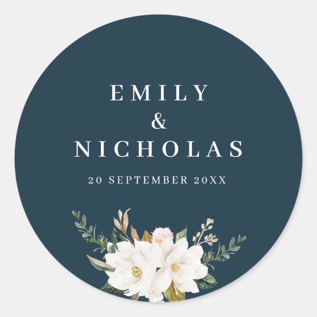 elegant magnolia floral navy blue wedding classic round sticker (Front)
