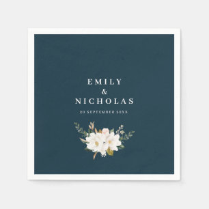 elegant magnolia floral navy blue wedding napkin