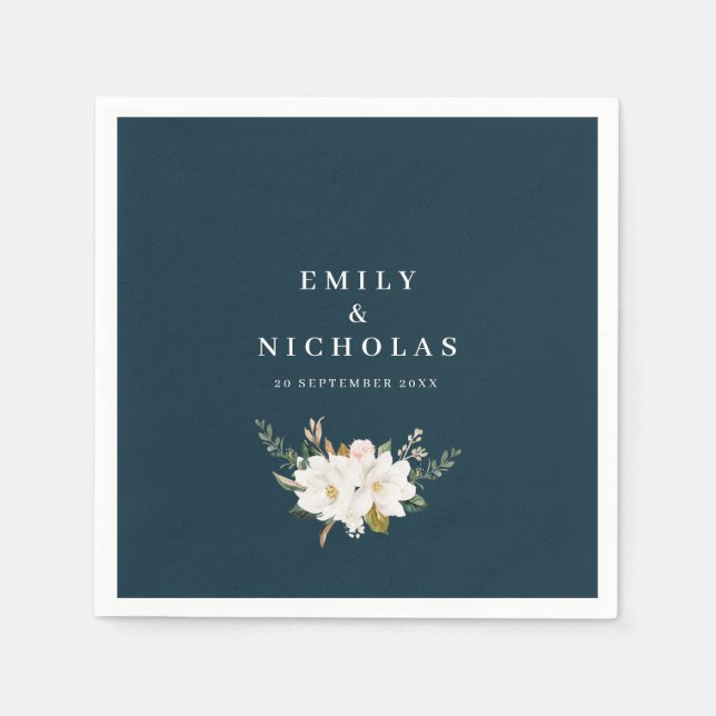 elegant magnolia floral navy blue wedding napkin (Front)