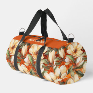 Elegant Magnolia Floral Pattern Personalised Name Duffle Bag